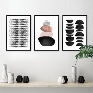 Black white pink printable art, Downloadable print set, Set of 3, Printable art, Minimalist poster, Brushstroke art, Balancing stones