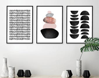 Schwarz weiß rosa druckbare Kunst, herunterladbares Druck-Set, 3er-Set, druckbare Kunst, minimalistisches Poster, Pinselstrich Kunst, Balancierende Steine