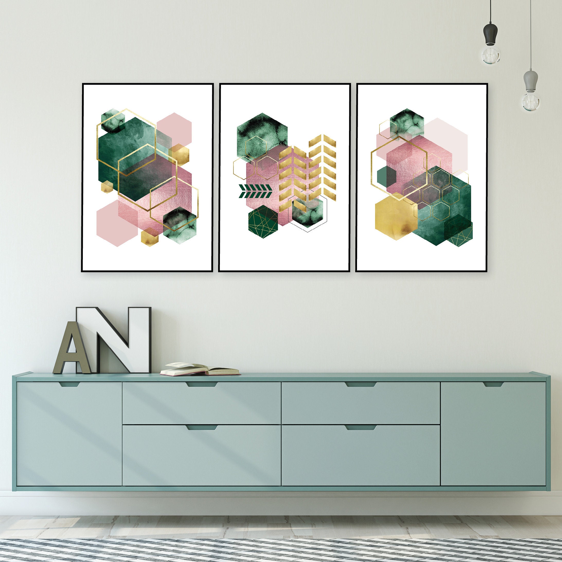 アート PRETTY GREEN Prints 「Pocket Full」 Downloadable Prints, Emerald Green Pink Gold, Set of 3