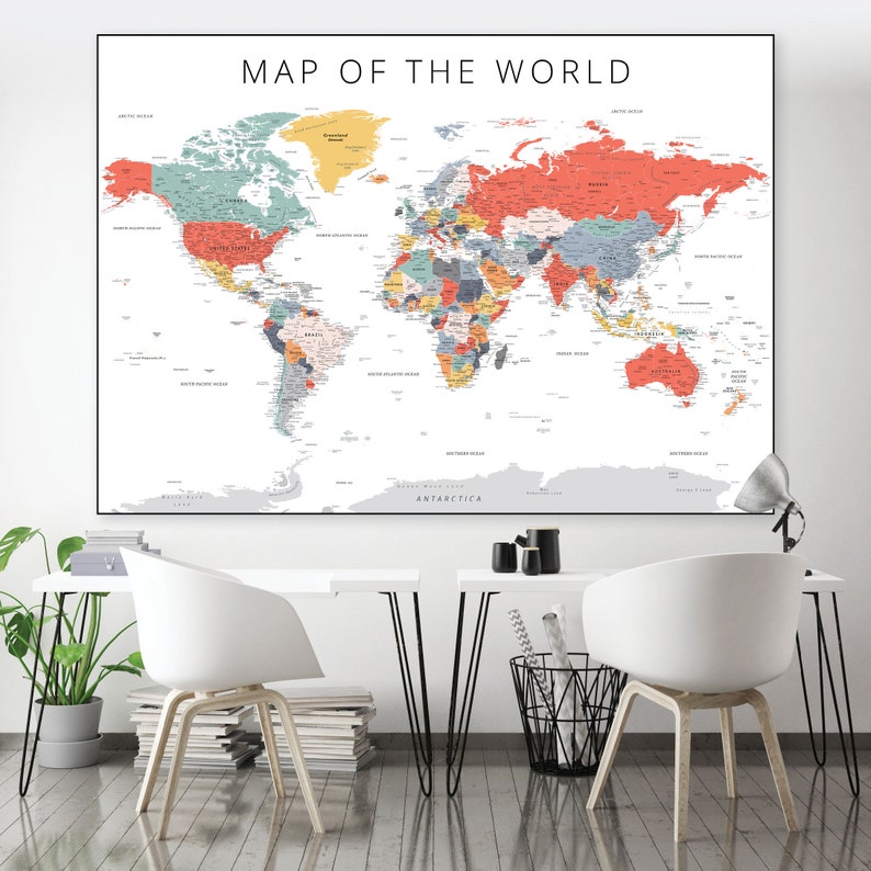 Detailed World Map Print, Extra Large, With USA States (digital ...
