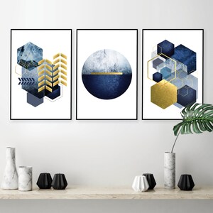 Printable art, Set of 3, Navy gold downloadable prints, Trio matching geometric art, Scandinavian Printable, Minimalist Poster, Trending Now image 2