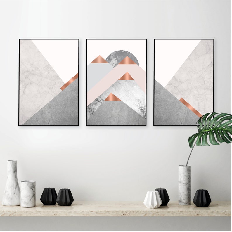 Mountain triptych wall art instant download in blush pink grey Etsy