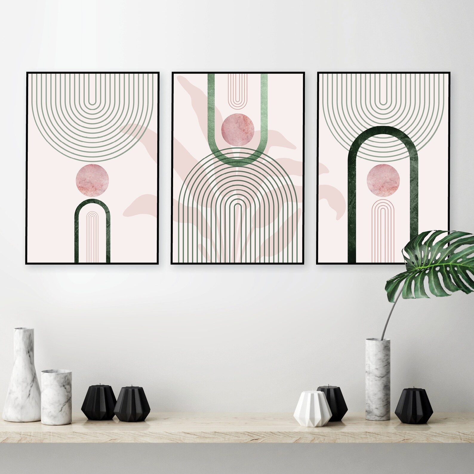Printable Pink Green Wall Art Art Set of 3 Mid Century Trio Etsy
