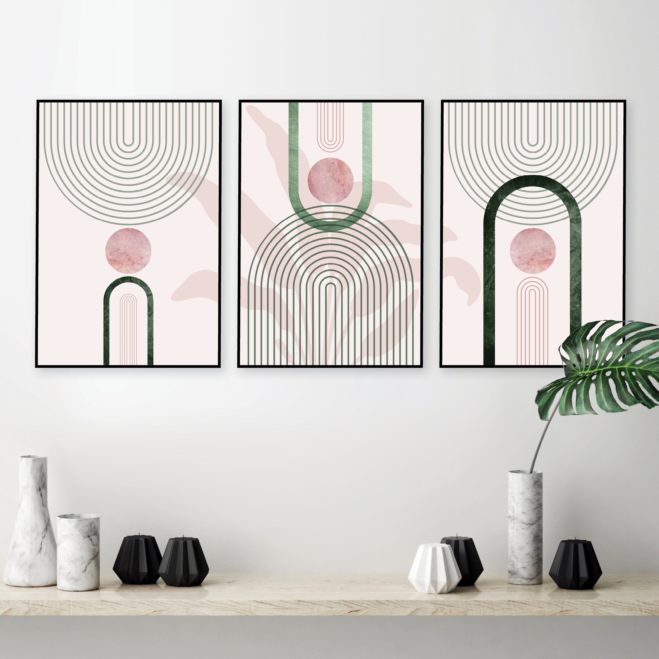 Printable Pink Green Wall Art Art Set of 3 Mid Century Trio Etsy