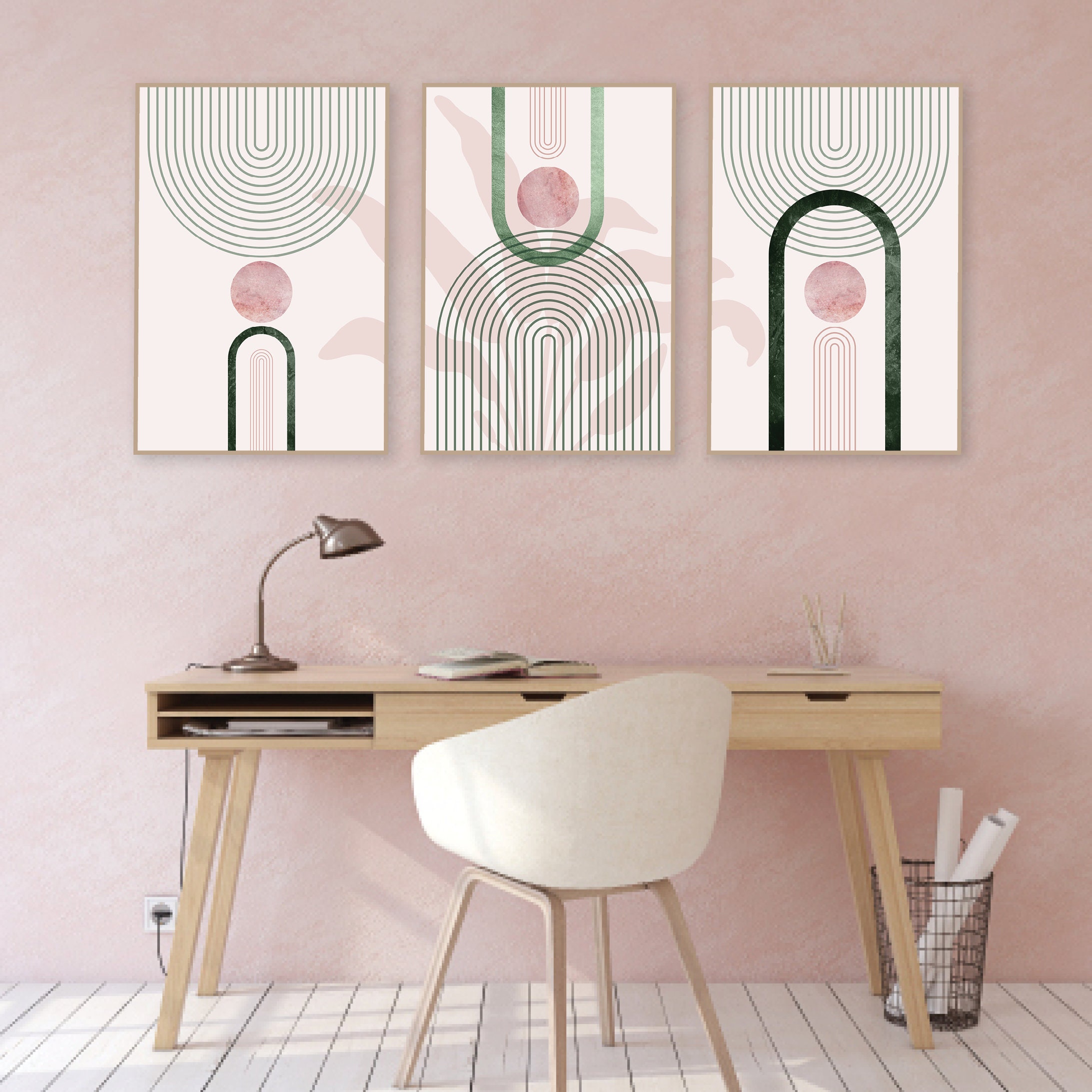 Printable Pink Green Wall Art, Art Set of 3, Mid Century, Trio Matching ...