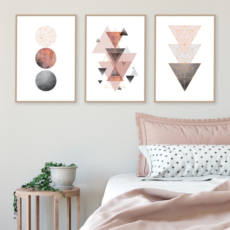 Downloadable printable art set of 3 Scandinavian modern geometric prints in blush pink grey rose gold Scandi wall art instant downloads image 4