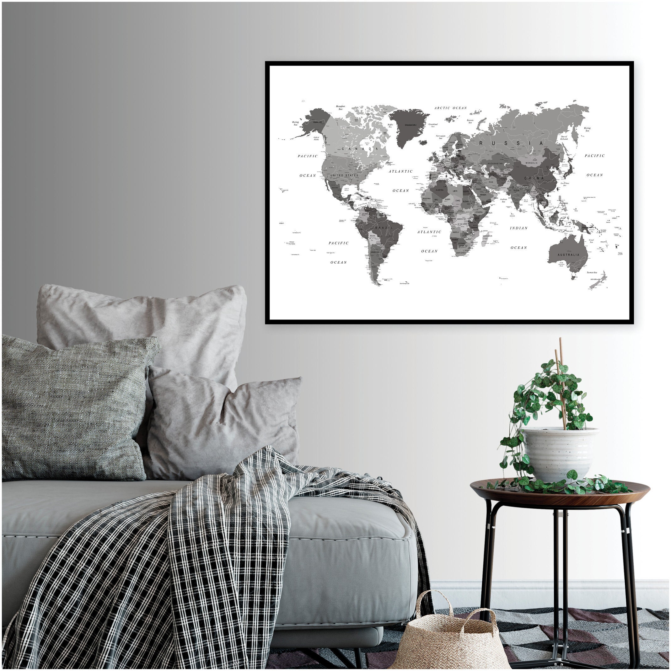 World map printable black white grey World map wall art | Etsy