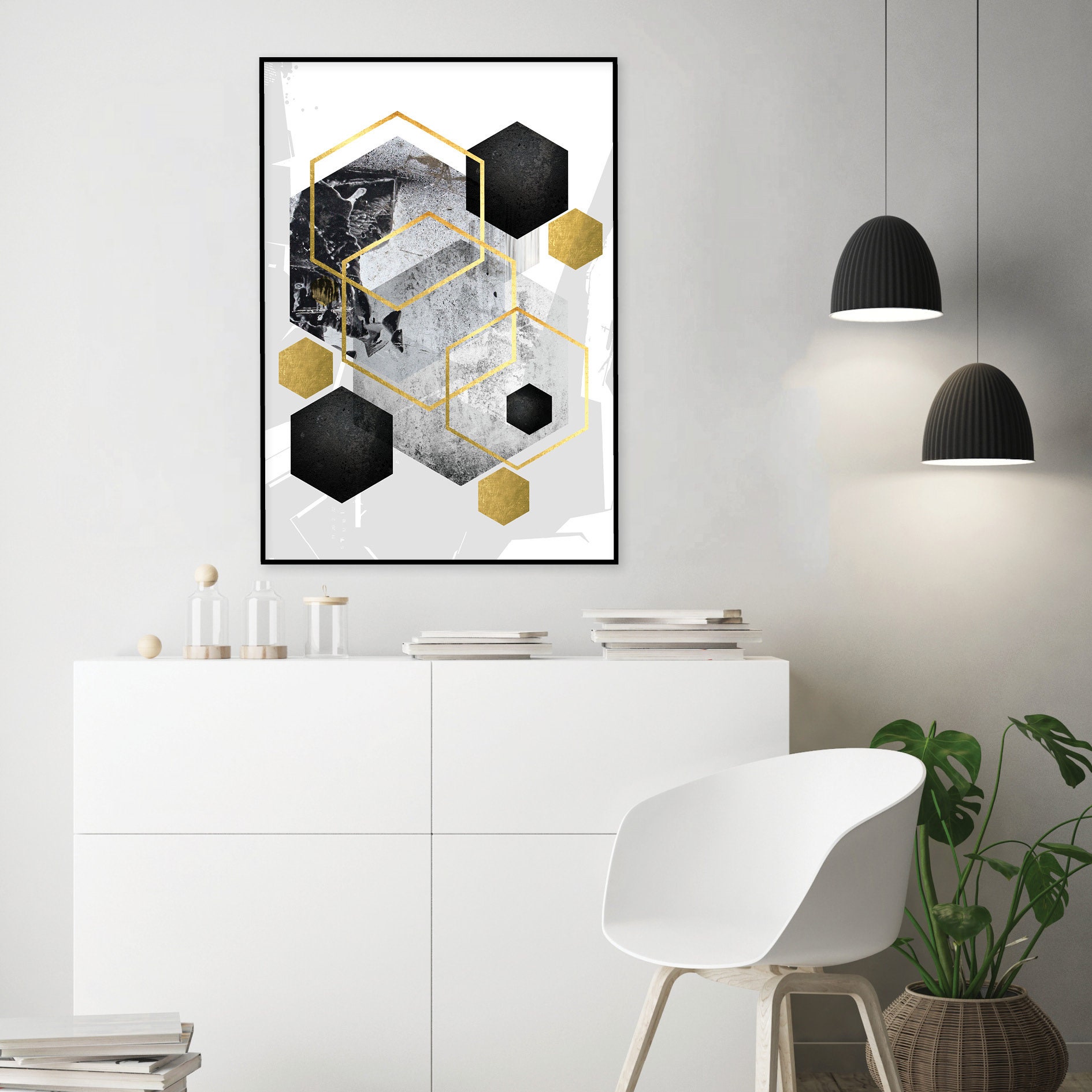 Black White Grey Gold Downloadable Art Modern Hexagon Geometric Print  Printable Geometric Wall Art Contemporary Wall Decor Large Poster A1 - Etsy