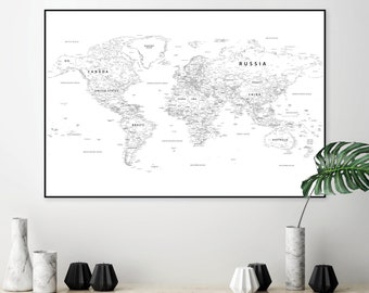 Mapa del mundo detallado imprimible, blanco y negro, tamaño XXL (descarga digital)