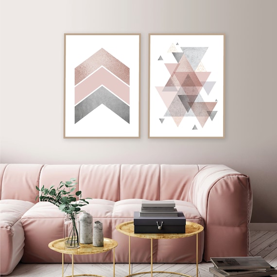 Set of 2 Printable Blush Pink and Grey Geometric Art Prints