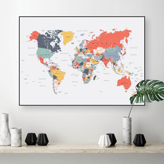 White Black Grey Pink Teal A1 Map of the World Globe Poster Design Wall Prints 