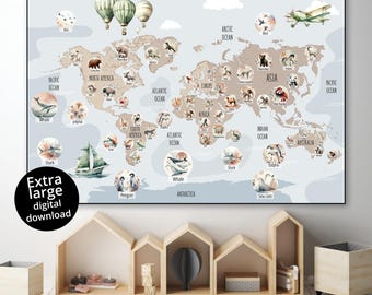 Kids World Map with Animals, Educational Playroom Decor (Digital Download)