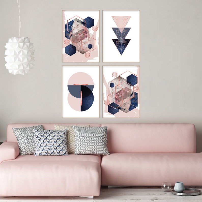Set of 4 Printable Blush Pink Navy Blue Rose Gold Geometric Art Prints ...