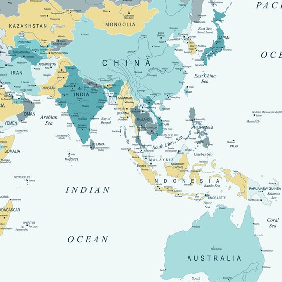 Printable World Map Poster in Teal and Yellow Downloadable - Etsy