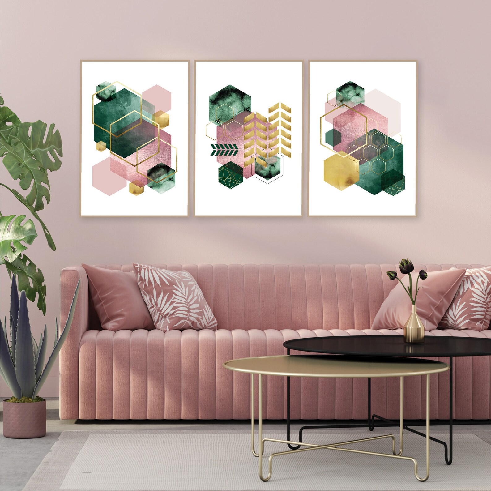 Downloadable Prints Emerald Green Pink Gold Set of 3 Etsy