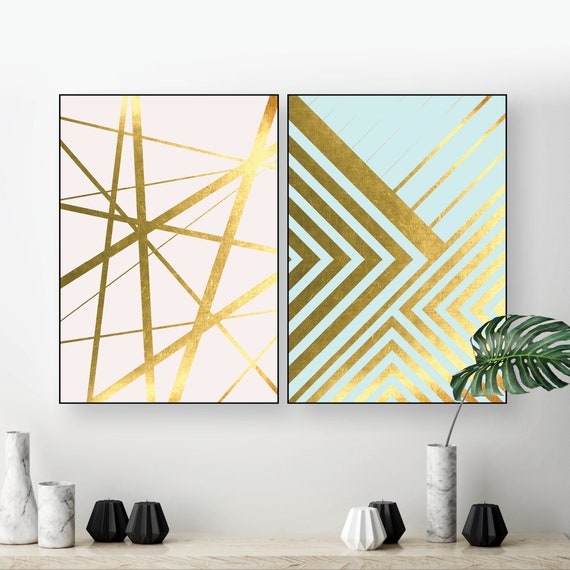 Downloadable set of 2 Prints Geometric Lines Printable Art Blush Pink Gold Mint Aqua Abstract Print Set Poster Wall Decor affiche scandinave