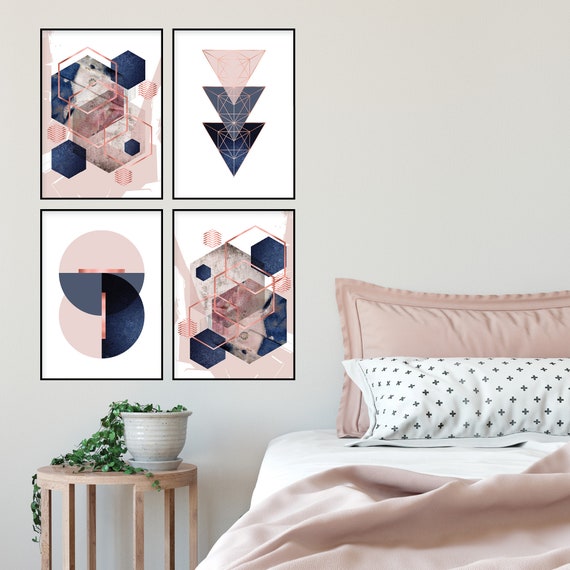 Set of 4 Printable Blush Pink Navy Blue Rose Gold Geometric Art Prints Digital Download Dusky Pink Indigo Bedroom Wall Art Large 24x36 Etsy