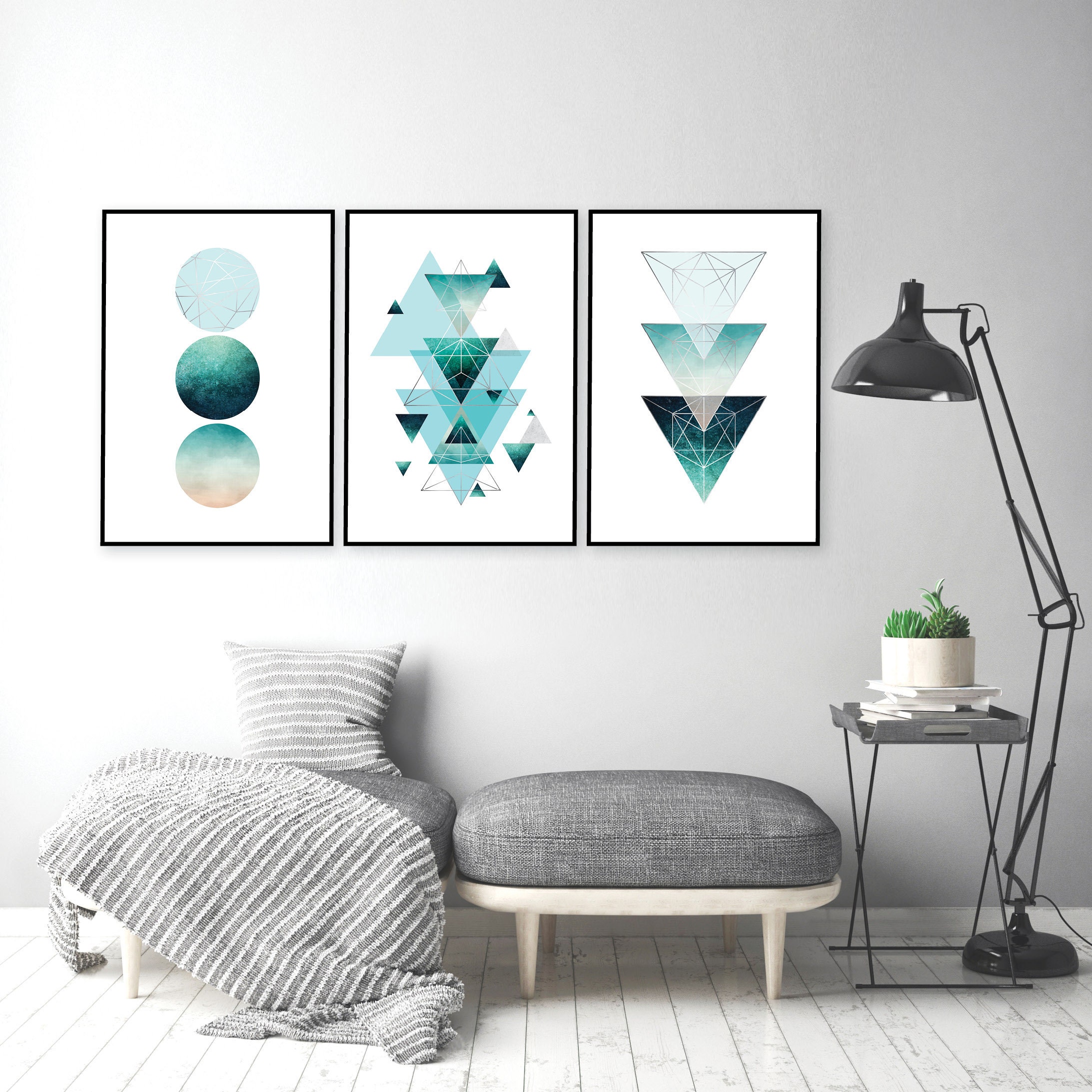 Aqua teal turquoise and silver geometric wall art set of 3 Etsy