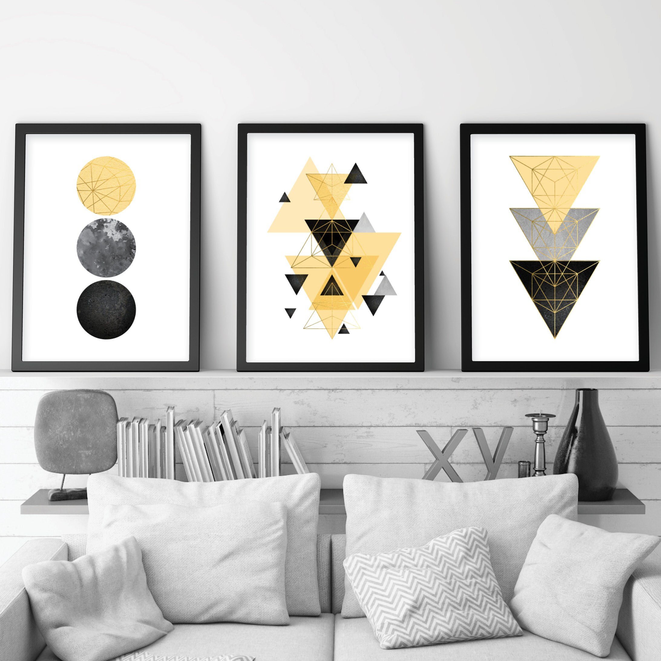 Set of 3 Downloadable Prints Yellow Grey Geometric Wall Art Etsy UK