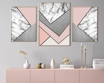 Set of 3 printable posters, Blush pink grey black, Living room art, Large digital download, Geometric wall art, Modern artwork trio glam