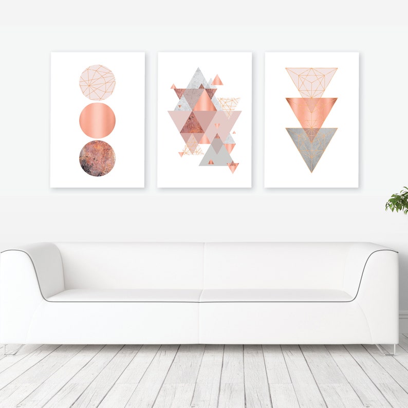 Trio of Downloadable Wall Art Prints in Blush Pink Grey Copper Etsy UK