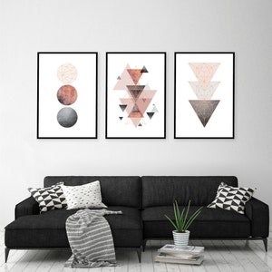 Downloadable printable art set of 3 Scandinavian modern geometric prints in blush pink grey rose gold Scandi wall art instant downloads image 5