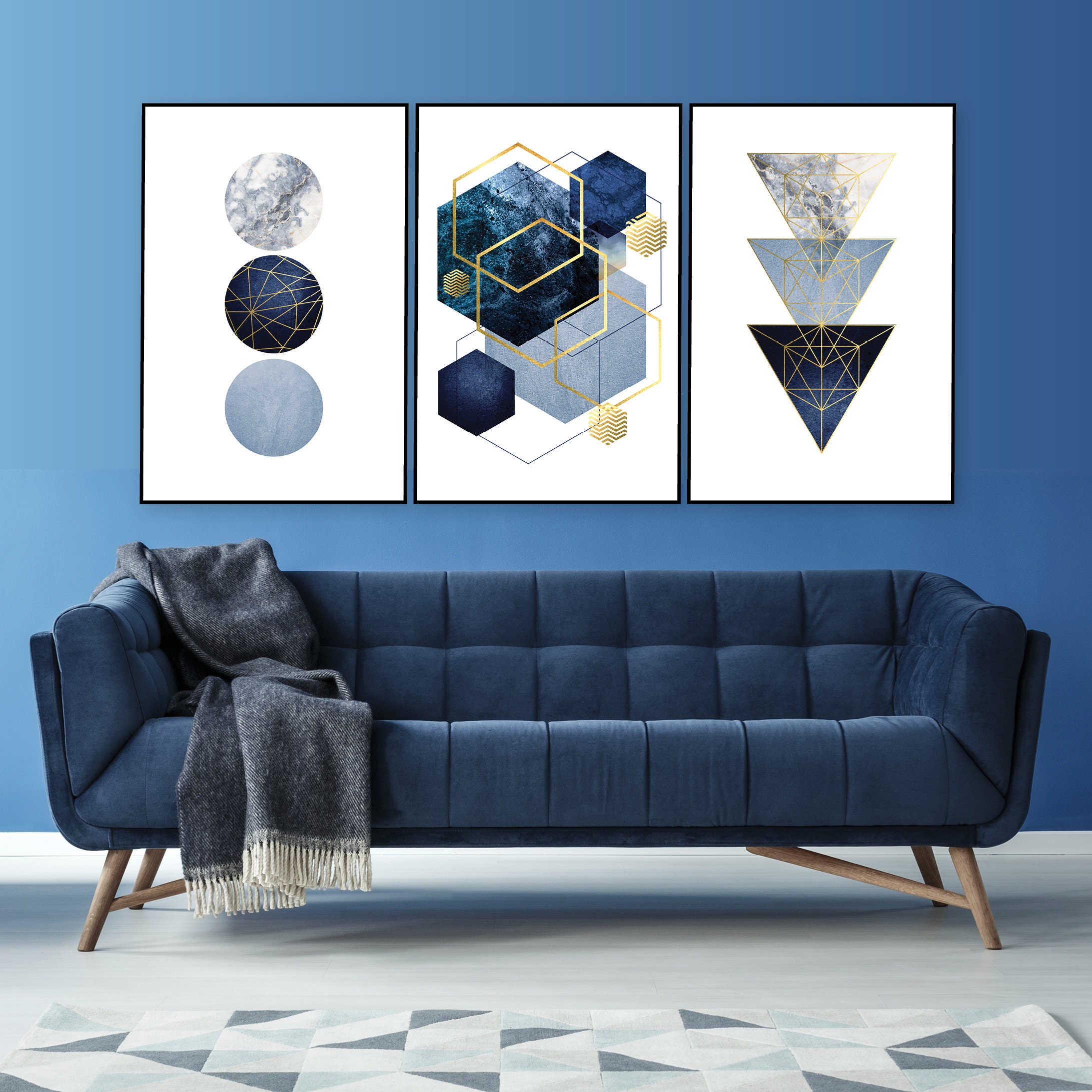 Set Wall of Geometric A1 Posters Blue - Digital Printable Etsy 3 Download Downloadable Art Decor Instant Minimalist Navy Gold Prints Download Art