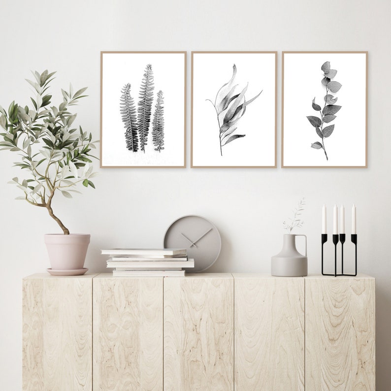 Set of 3 black and white botanical downloadable prints Printable art set digital illustration Australian gum leaves Fern wall art Monochrome image 3