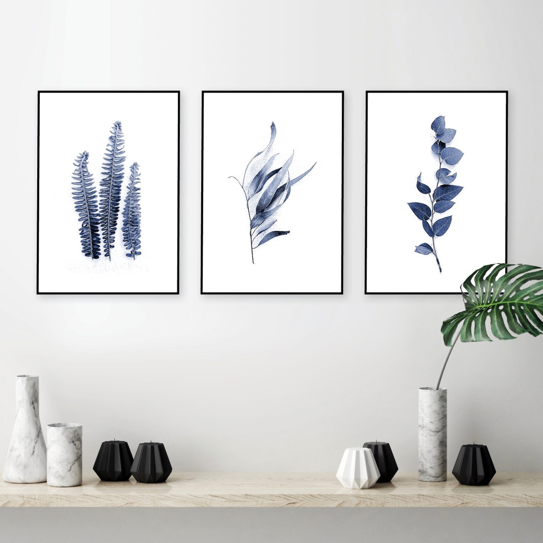 Downloadable Set of 3 Botanical Prints in Navy and White Printable ...
