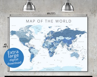 Detailed World Map Print, Navy Blue, US States (Digital Download)