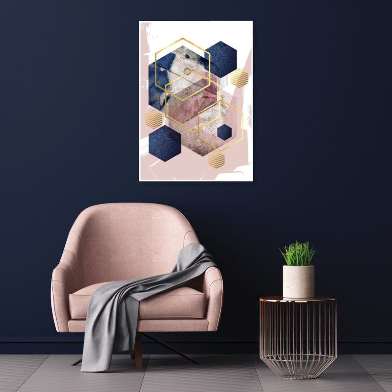 Poster digital download in blush pink navy blue and gold Downloadable abstract print Printable hexagon wall art Scandi decor modern image 2