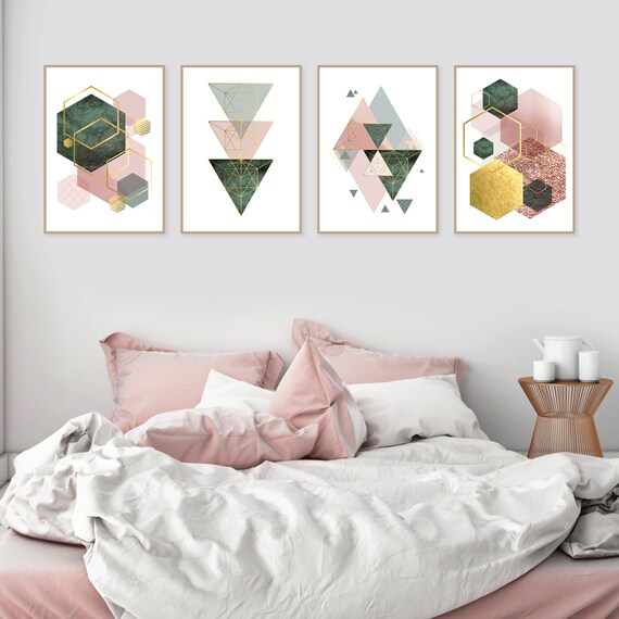 Set Of 4 Printable Blush Pink Hunter Green And Gold Geometric Art Prints Digital Download Bedroom Wall Decor Trending Now Wall Art 61 X 91cm
