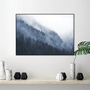 Downloadable misty forest photography print Printable Scandi mountain fog trees poster Navy blue wall art decor Modern digital download