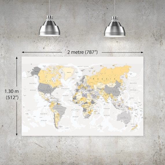 extra large downloadable yellow grey world map wall poster xl etsy