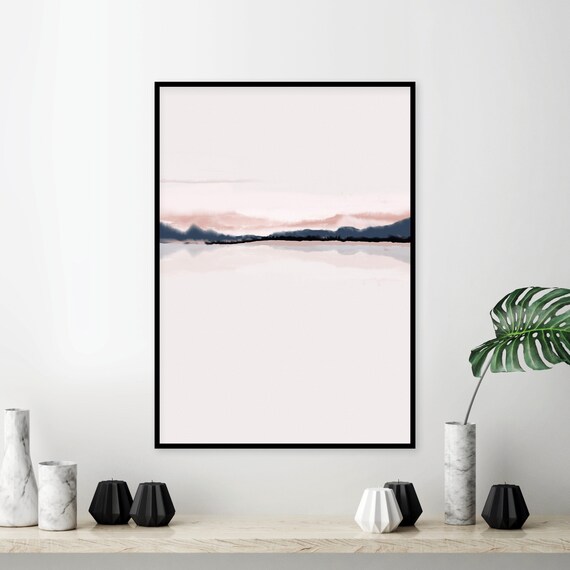 Horizon Blush Pink Navy Blue Printable Art Downloadable Watercolor Wall Print Modern Minimalist Poster Dusky Pink Pink Bedroom Wall Decor