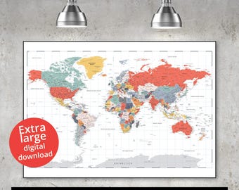 May include: A colorful world map with country borders outlined in black and filled with different colors. The map is printed on white paper and has a grid pattern. The text "Extra large digital download" is in a red circle at the bottom left corner of the image. The text "Sizes are below in the description or you can request a custom XXL size." is at the bottom of the image.