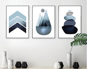 Set of 3 navy blue printable posters Mountains chevrons balancing stones artwork Trio of dark blue grey digital download Nordic Scandinavian