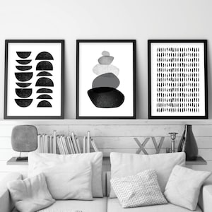 Art imprimable noir et blanc, lot de 3 estampes téléchargeables minimalistes, estampes scandinaves monochromes à téléchargement numérique, art de salon