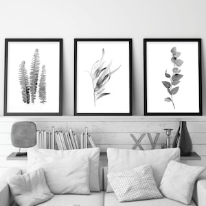 Set of 3 black and white botanical downloadable prints Printable art set digital illustration Australian gum leaves Fern wall art Monochrome image 7