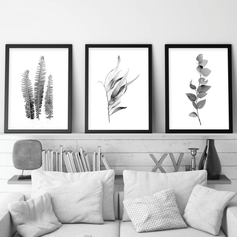 Set of 3 black and white botanical downloadable prints Printable art set digital illustration Australian gum leaves Fern wall art Monochrome image 7