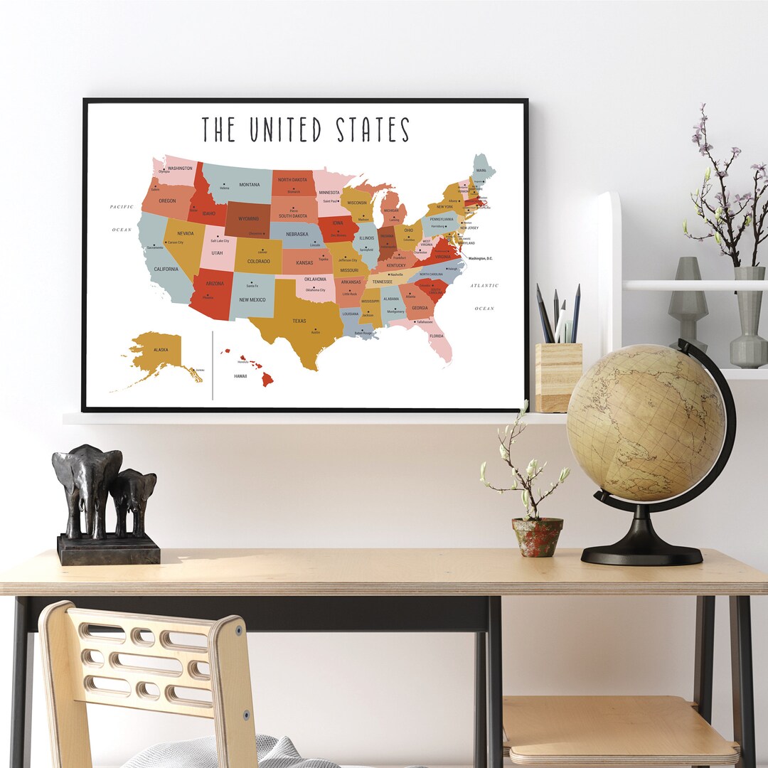 Printable US Map Poster Boho Colors Downloadable Home School - Etsy Australia