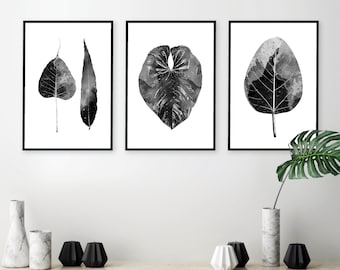 Schwarz & Weiß Blatt Drucke Set, skandinavische minimalistische Kunst (Digitaler Download)