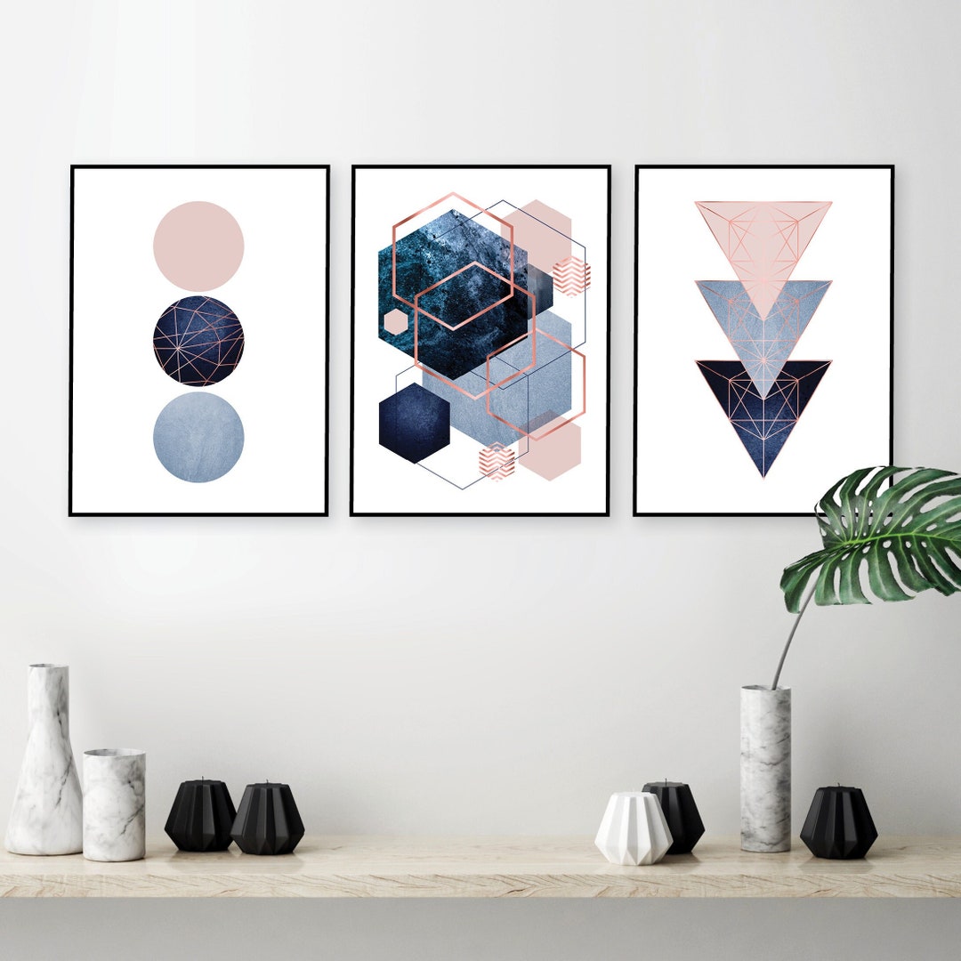 Printable Navy Rose Gold Wall Art, Set of 3 Prints Bedroom, Blush Pink ...