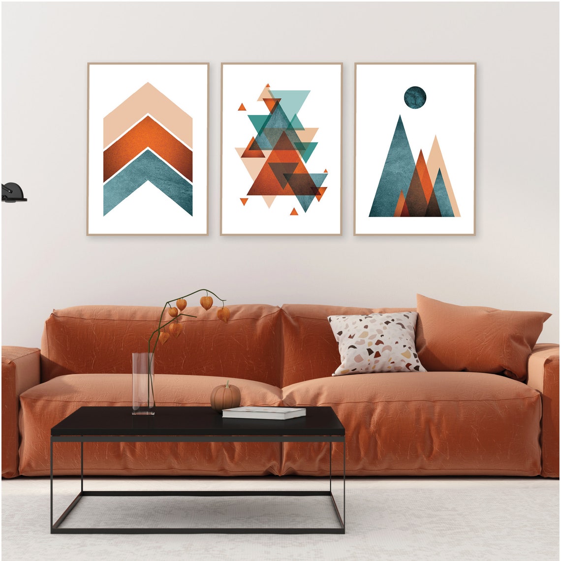 Set of 3 burnt orange teal printable wall art Geometric Etsy