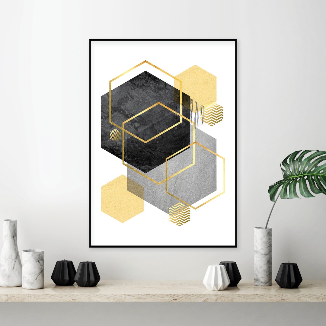 Downloadable Print Geometric Abstract Wall Art in Yellow Black and Grey