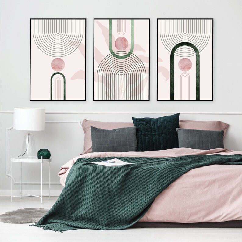 Printable Pink Green Wall Art, Art Set of 3, Mid Century, Trio Matching ...