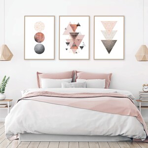 Downloadable printable art set of 3 Scandinavian modern geometric prints in blush pink grey rose gold Scandi wall art instant downloads image 2