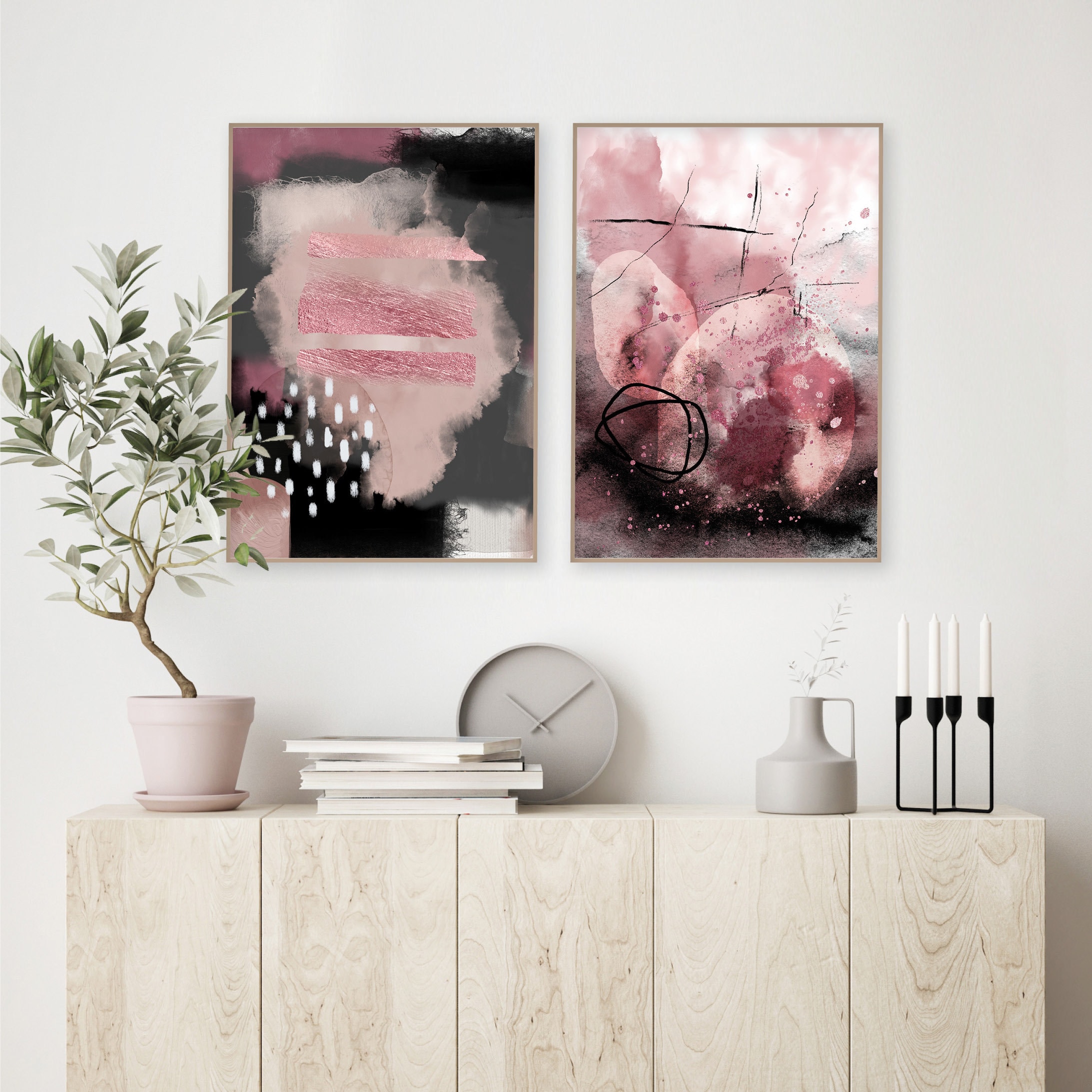 Set of 2 Blush Pink Grey Printable Art Blush Abstract | Etsy