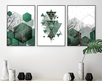 Emerald green wall art, Digital download, Abstract geometric art, Printable art abstract, Hexagon art, Green rose gold, Instant download
