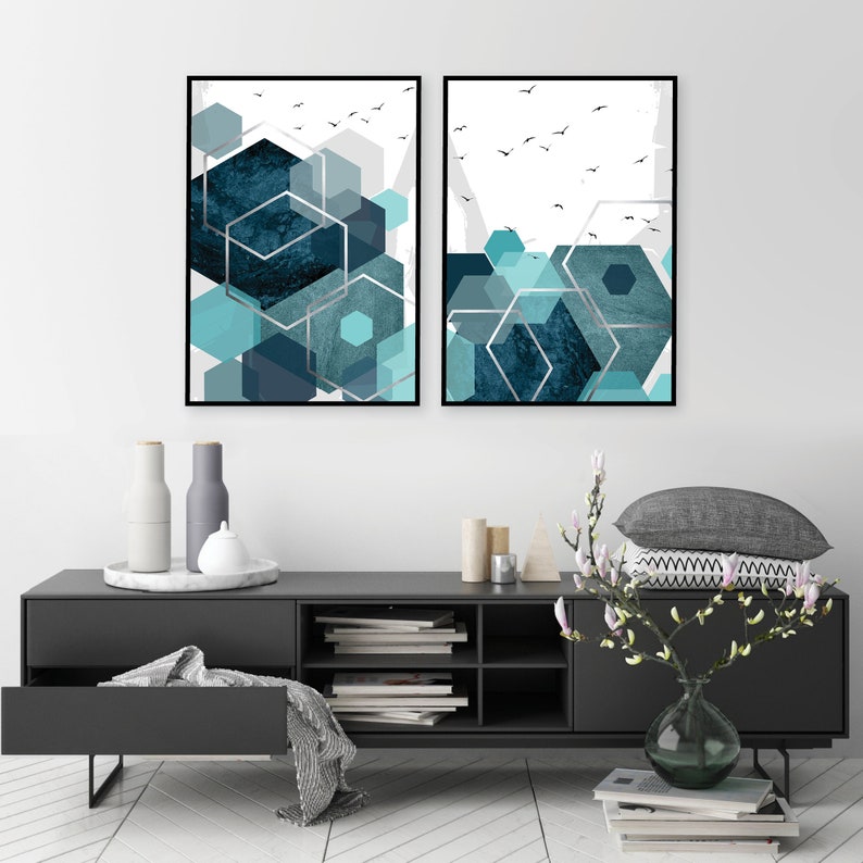 Set of 2 printable abstract art prints in teal aqua turquoise silver Downloadable geometric Hexagonal wall art Poster downloads High res A1